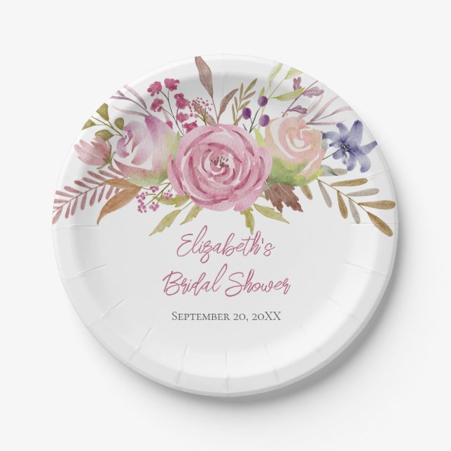 Plato De Papel Agua Floral Rosa Ducha Botánica Bridal (Anverso)