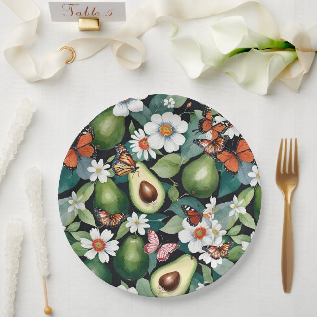 Plato De Papel Aguacates y mariposas Flora Verde (Boda)
