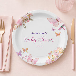 Plato De Papel Aguada en acuarela Mariposa rosa Fiesta de bebé fl