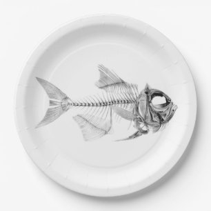 Plato De Papel Aguafuerte esquelética de los pescados del vintag