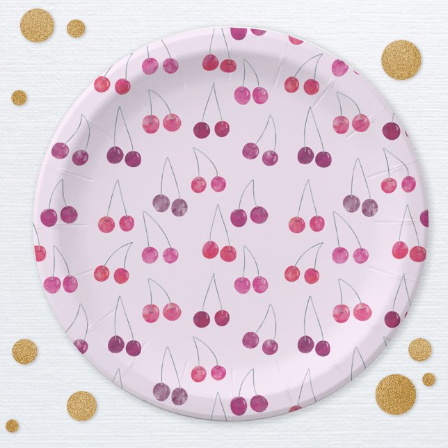 Plato De Papel Aguamarina de Cereza Rosa (Cherry pink watercolor pattern party paper plates)