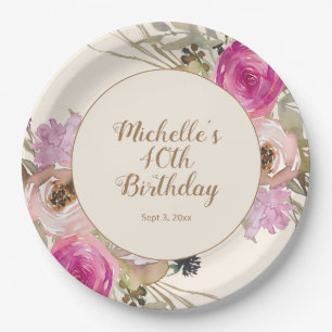 Plato De Papel Aguamarina Floral Acuarela Rosa Púrpura Cumpleaños