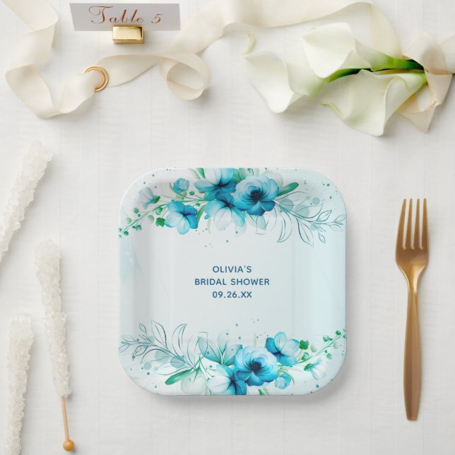 Plato De Papel Aguamarina Personalizada con Acuarela Floral para  (Boda)