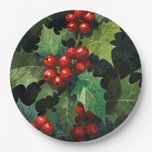 Plato De Papel aguarela de Navidad hojas de bayas de acebo botáni
