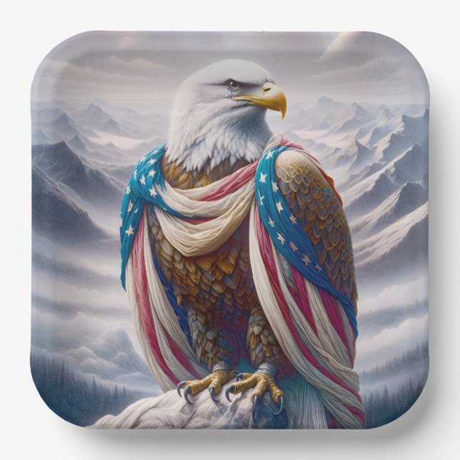 Plato De Papel Águila calva con lágrima y bandera estadounidense (Anverso)