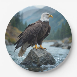 Plato De Papel Águila calva en una roca fluvial
