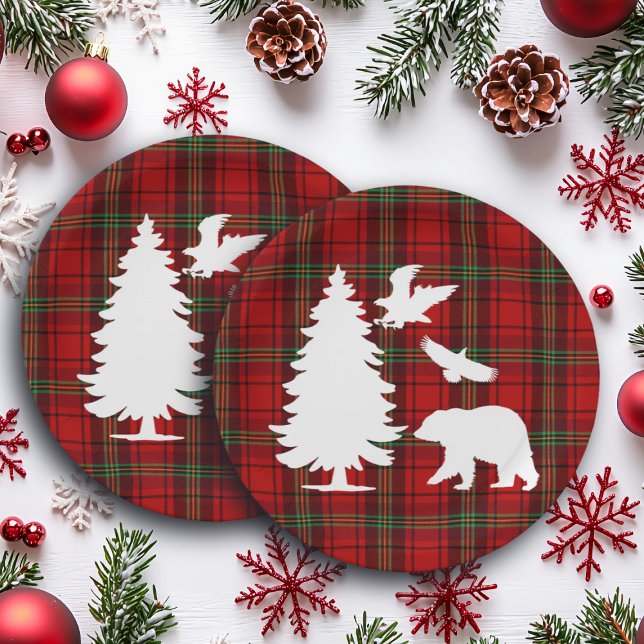 Plato De Papel Águila del oso pino sobre el tartán negro rojo (Subido por el creador)