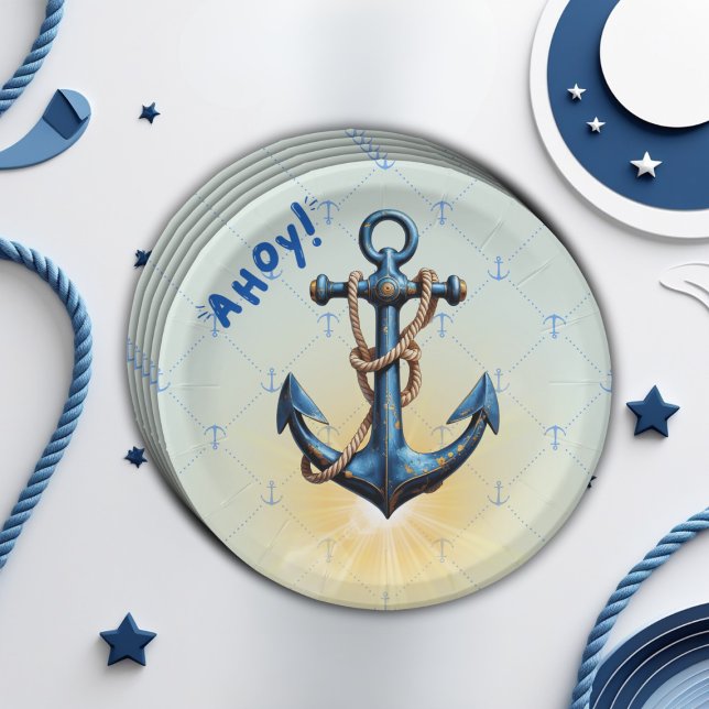 Plato De Papel ¡Ahoy azul moderno! Anchor Nautical Baby Shower (Subido por el creador)