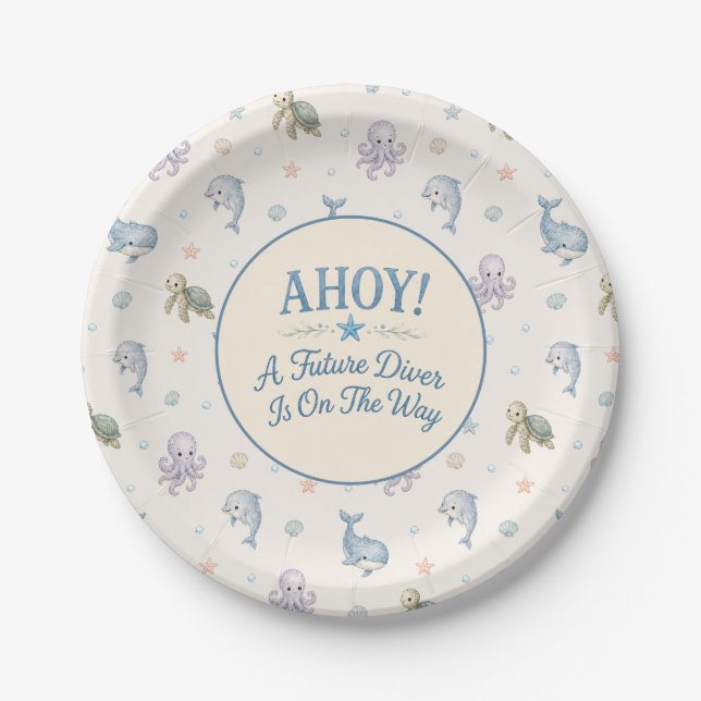 Plato De Papel ¡AHOY! Ducha de Bebé Futuro Buzo (Anverso)