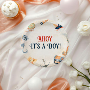 Plato De Papel Ahoy es el Baby Shower de un muchacho pirata