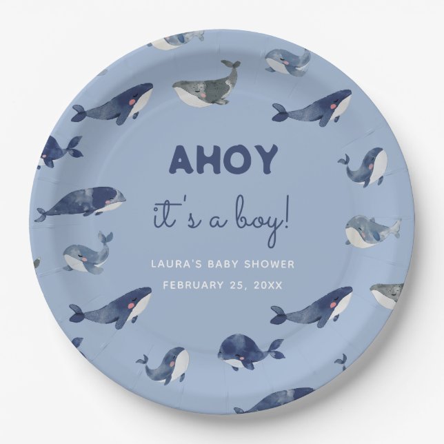 Plato De Papel AHOY es un Baby Shower de ballena azul para niños (Anverso)