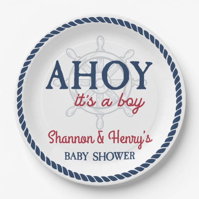 Plato De Papel Ahoy es un Baby Shower de Boy Nautical (Anverso)