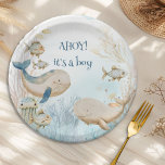Plato De Papel Ahoy es un Baby Shower de Boy Ocean Life Whale<br><div class="desc">¡Ahoy es un chico! (editable) placas de papel para bebé de ballena. El diseño de las acuarelas es natural y suave, azul y beige, con ballenas nadando bajo el mar con peces y corales. Letras y estilo boho magníficos, perfectos para la ducha de bebé de ballena, la ducha náutica para...</div>