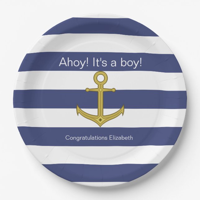 Plato De Papel ¡Ahoy! ¡Es un chico! Baby Shower azul blanco (Anverso)