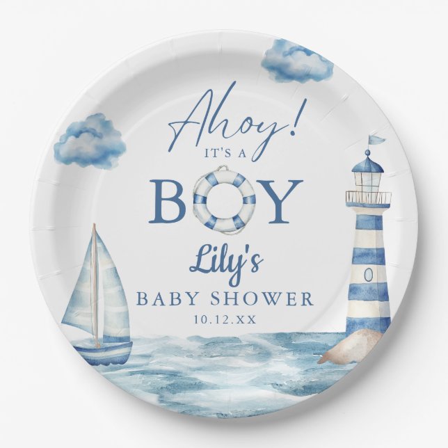 Plato De Papel Ahoy Es Un Chico Baby Shower Nautical (Anverso)