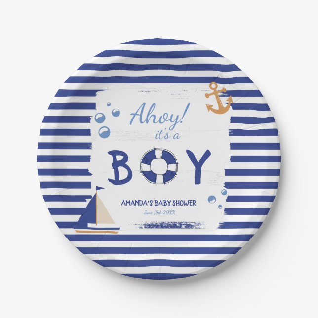 Plato De Papel ¡Ahoy es un chico! Sailor Marine Blue Baby Shower (Anverso)