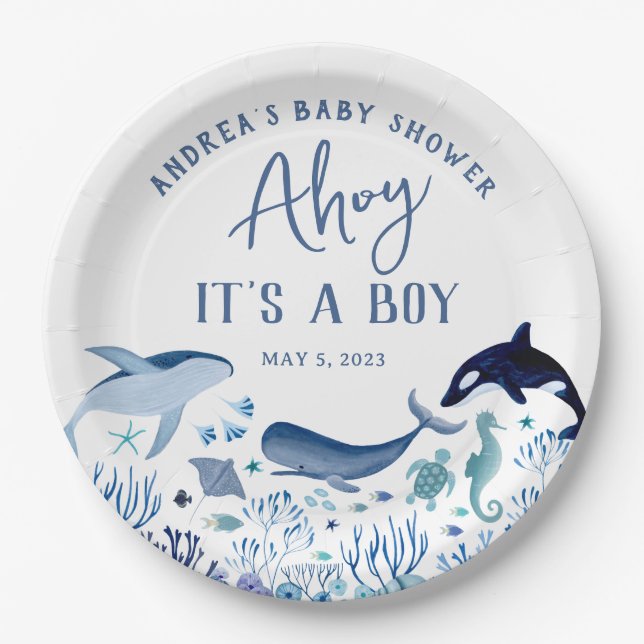 Plato De Papel Ahoy es un niño azul bajo el mar Baby Shower (Anverso)