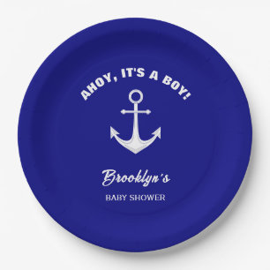Plato De Papel Ahoy es un niño Baby Shower de moda azul marino y