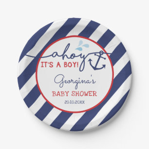 Plato De Papel Ahoy es un niño Nautical Baby Shower Marina Roja