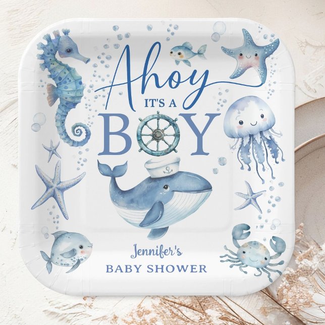 Plato De Papel Ahoy it's A Boy Sailor Nautical Baby Shower Blue  (Subido por el creador)