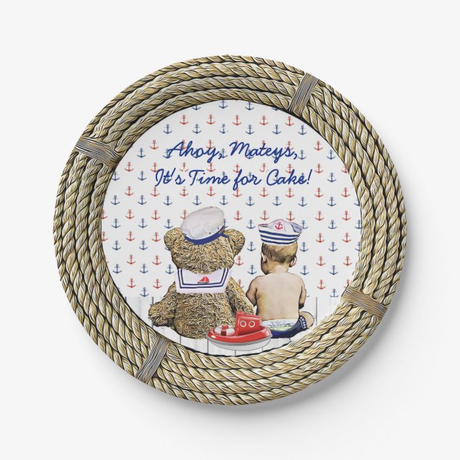 Plato De Papel Ahoy, Matyes, Nautical de Boy en Baby Shower (Anverso)