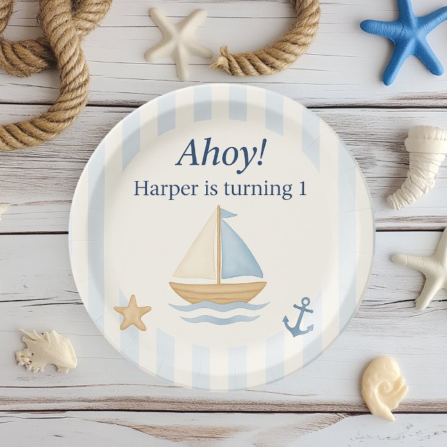 Plato De Papel Ahoy Nautical Birthday | Barco de vela azul (Subido por el creador)