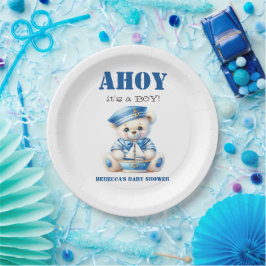 Plato De Papel Ahoy Nautical Blue Sailor Bear Boy Baby Shower
