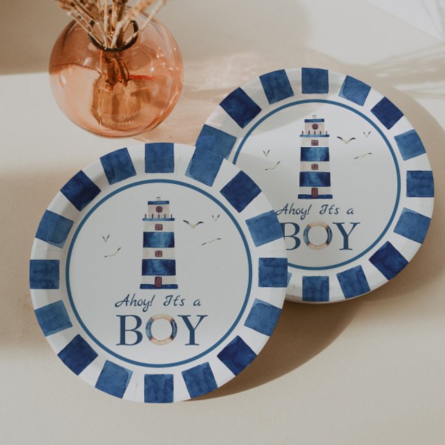 Plato De Papel ¡Ahoy Náutico! Es un Baby Shower de faro de niño (Subido por el creador)