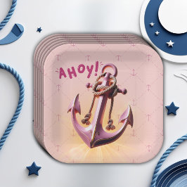 Plato De Papel ¡Ahoy rosado moderno! Anchor Nautical Baby Shower