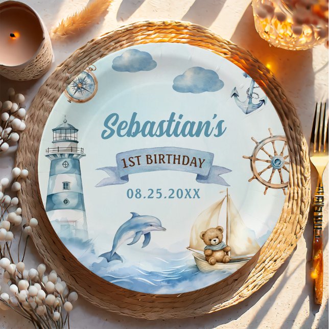 Plato De Papel Ahoy Sailor Nautical Boat Blue 1er cumpleaños (Subido por el creador)