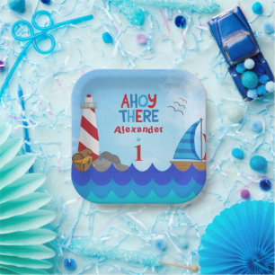 Plato De Papel "Ahoy There" Cita Faro Velero Tesoro