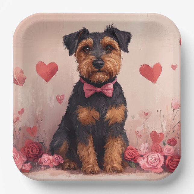 Plato De Papel Airedale con Rosas - Día de San Valentín (Anverso)
