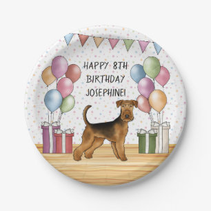 Plato De Papel Airedale Terrier Cute Dog Pastel Feliz Cumpleaños