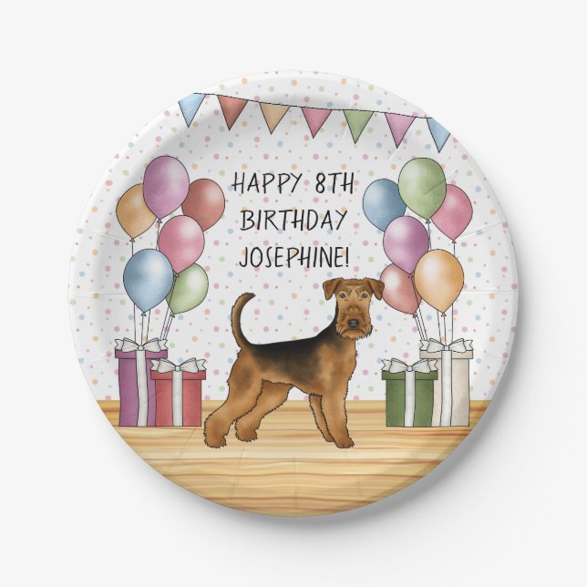 Plato De Papel Airedale Terrier Cute Dog Pastel Feliz Cumpleaños (Anverso)