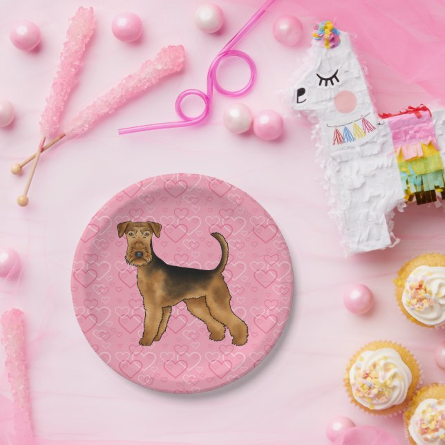 Plato De Papel Airedale Terrier Dog Love With Pink Heart Pattern (Fiesta)