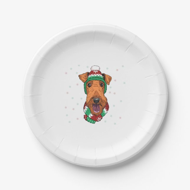 Plato De Papel Airedale Terrier en gorra de navidades (Anverso)