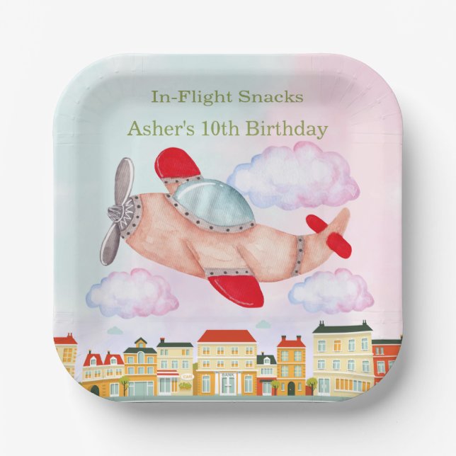 Plato De Papel Airplane with Cityscape In-Flight Snacks Birthday (Anverso)