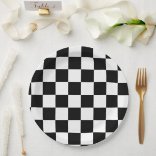 Plato De Papel Ajedrez de los 50 Retro de carreras Negro y Blanco