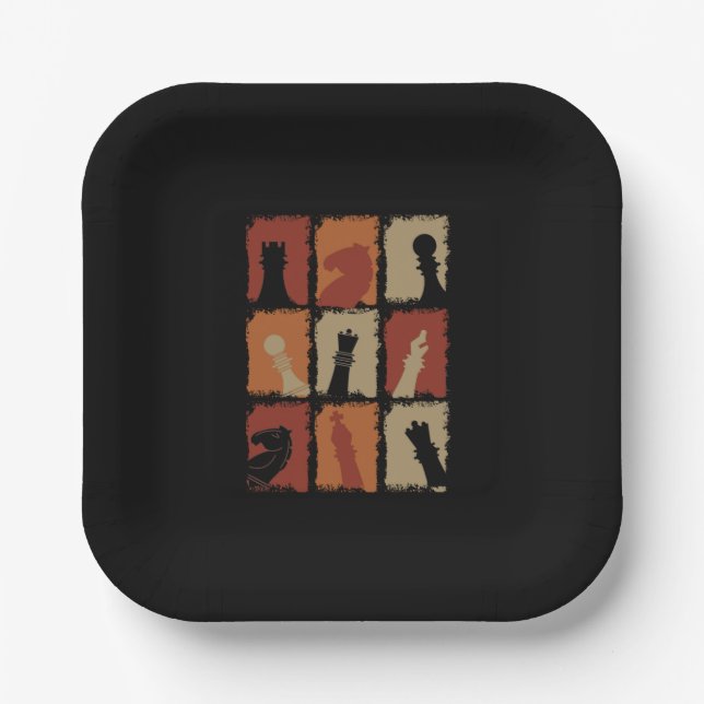 Plato De Papel Ajedrez - piezas de ajedrez retro (Anverso)