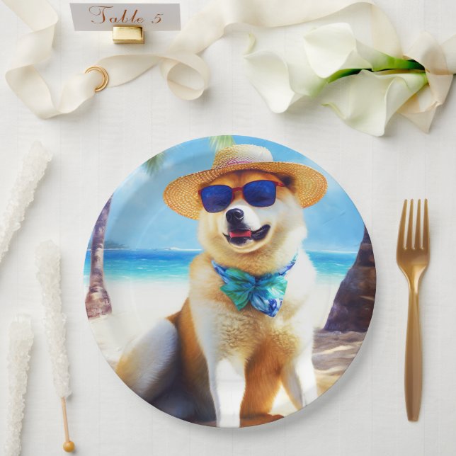 Plato De Papel Akita en la playa, regalo de verano para los amant (Boda)