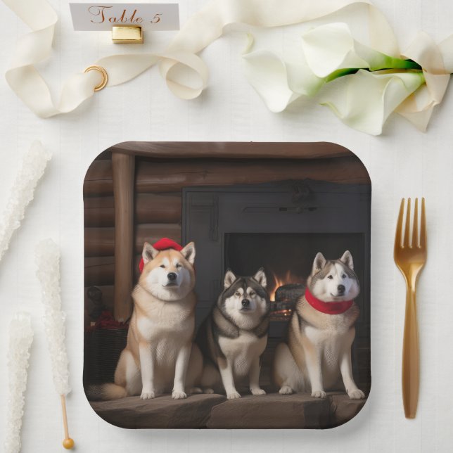 Plato De Papel Akita junto a la chimenea Navidad (Boda)