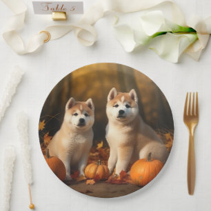 Plato De Papel Akita Puppy Calabaza deslumbrante de otoño