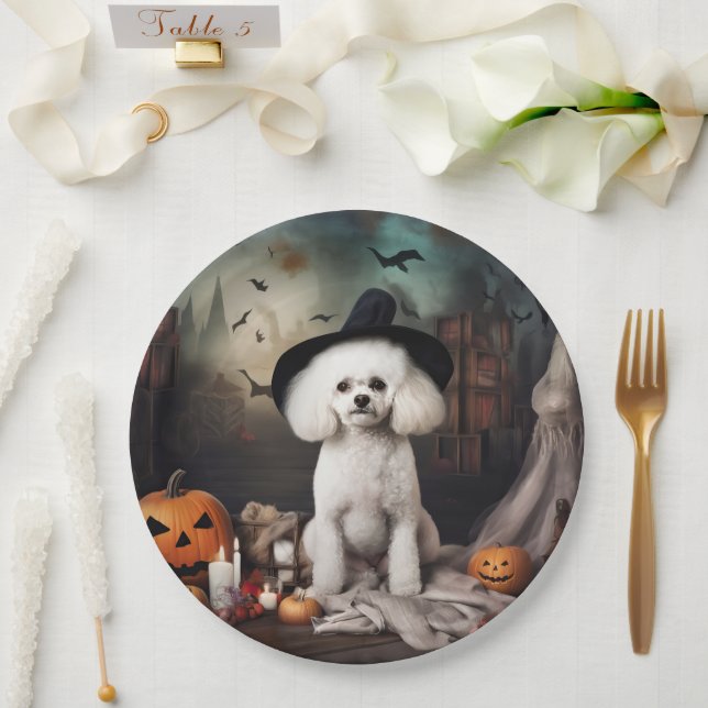Plato De Papel Alarma de Halloween de Bichon Frise Pumpkins (Boda)