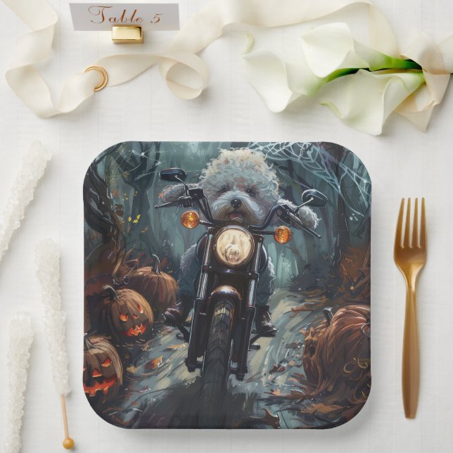 Plato De Papel Alarma de Halloween en moto de Bichon Frise Riendo (Boda)