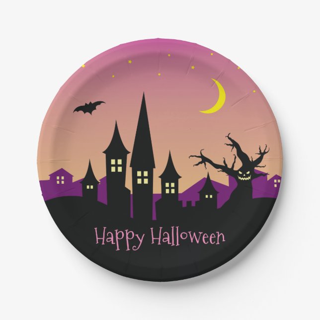 Plato De Papel Alarmante Spooky Haunty House Purple Halloween Par (Anverso)