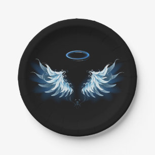 Plato De Papel Alas del Ángel Azul brillante sobre fondo negro