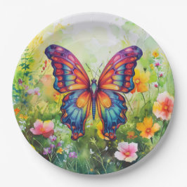 Plato De Papel Alas Naranjas azules de mariposa