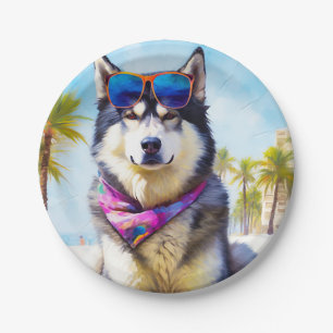 Plato De Papel Alaska Malamute en la playa, regalo de verano