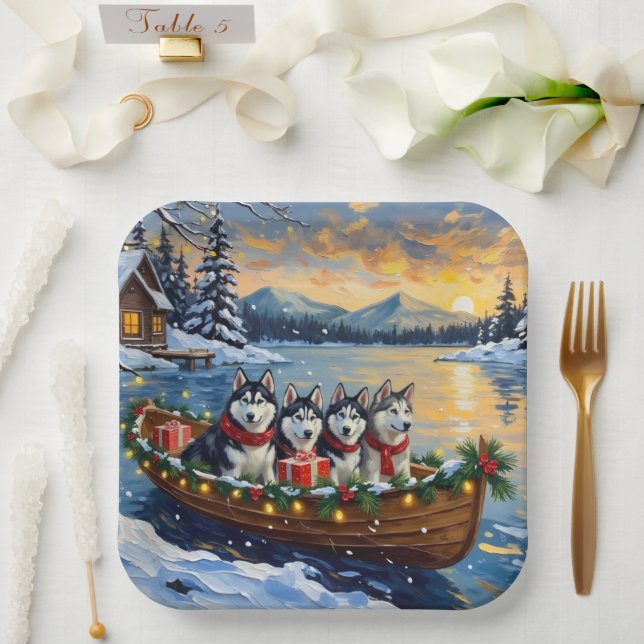 Plato De Papel Alaskan Malamute Christmas Boat Holiday (Boda)