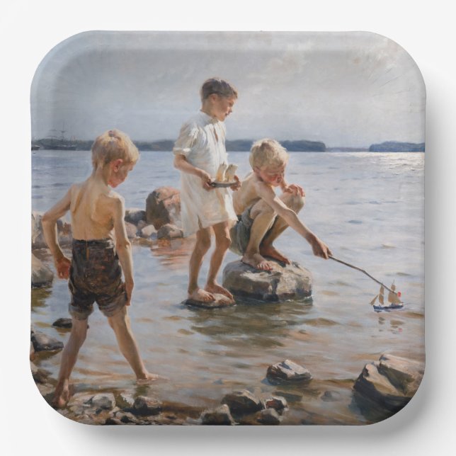 Plato De Papel Albert Edelfelt - Niños jugando en la costa (Anverso)